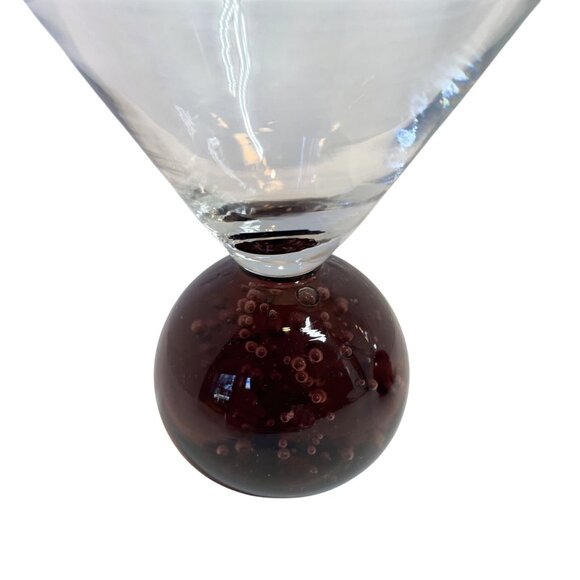 Handcrafted Clear Glass Martini Glasses With Bubble-Infused Red Orb Base - Set O - Picture 4 of 9
